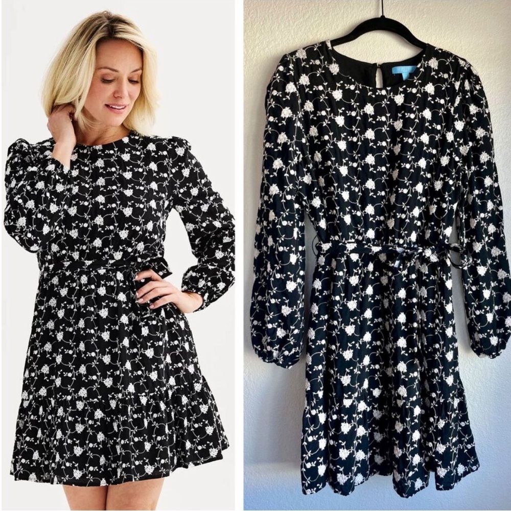 Draper James New Embroidered Floral Black and Ivory 3/4 Sleeve Mini Dress XS